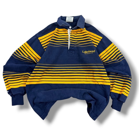 Vintage Barbarian Rugby Wear Polo Shirt Lakehead University Mens Large Blue Gold - Picture 1 of 8